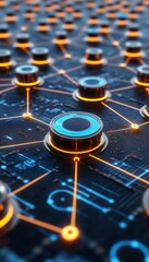 Poster - Vibrant geometric shapes illustrating data flow in a softly defocused information technology setting