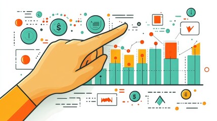 Poster - Hand pointing at upward trending bar graph illustrating business growth and data analysis.