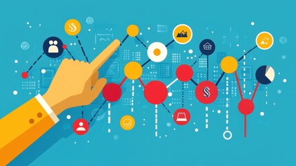 Poster - Hand pointing at interconnected financial growth chart with icons.