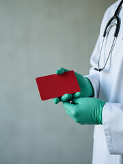 Poster - Red Card Held By Doctor Wearing Green Gloves Sits On A Grey Cement Wall With Ample Empty Space Nearby. 00003