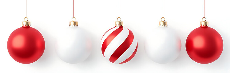 Aufkleber - Red And White Christmas Balls Hang Isolated On A Transparent Background With A Simple White Ribbon Design. 00003