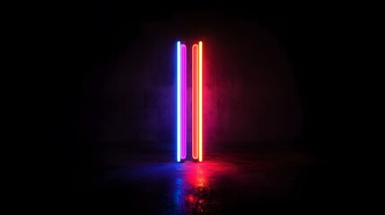 Poster - Dynamic neon light installation urban setting digital art dark environment eye-level view modern aesthetic