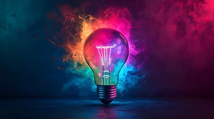 Poster - Illuminating creativity colorful light bulb abstract art digital design dark background conceptual viewpoint