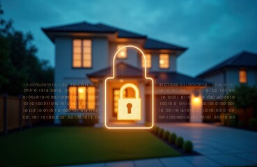 Poster - Modern smart home at night under security system protection. Digital padlock icon displays tech safety. Home equipped with smart tech. Nighttime exterior view. Glowing lights. Lawn, garden visible.