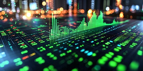 Wall Mural - A sleek digital stock market interface with vibrant green graphs, showing rising profits, with data points floating in a 3D space.