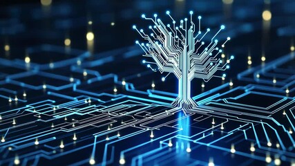 Poster - Futuristic Technology Circuit Tree Design with Blue Neon Highlights and Depth
