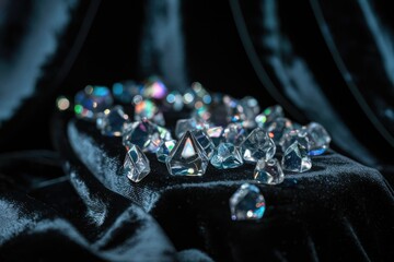 Aufkleber - A cluster of iridescent crystals rests on dark velvet, showcasing their brilliance and multifaceted nature.