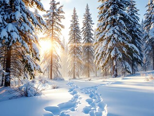 Poster - winter forest with tall evergreen trees covered in snow. Sunlight is streaming through the trees, casting a warm glow and creating a serene atmosphere.