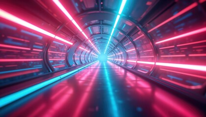 Poster - Futuristic tunnel with neon lights. Glowing pink, blue lines create vibrant tech scene. Empty space for mockups. High-speed motion lines. Reflection floor. Cyberpunk design. Abstract,