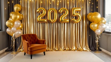 Poster - room decorated for the year 2025, with large gold numbers on the wall, a gold curtain, and a red armchair surrounded by golden balloons.
