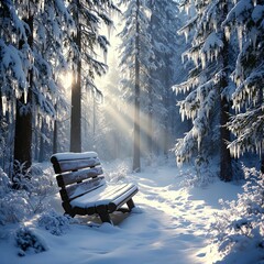 Poster -  snowy forest with a bench covered in snow, and the sun shining through the trees, casting a warm glow on the scene.