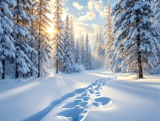 Poster -  serene winter landscape with snow-covered trees and a trail of footprints leading through the snow towards a sunlit clearing.