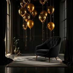 Poster -  luxurious interior with a black armchair, gold balloons, and elegant decorations. A vase with a plant and a lamp are placed on a side table.