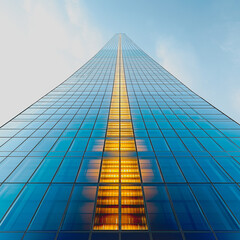 Poster - A tall building with a long glass window and a yellow line. The building is tall and has a lot of windows