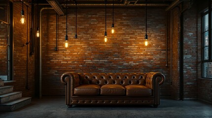 Poster - The image shows a modern living room with a leather sofa, exposed brick walls, and hanging light bulbs.