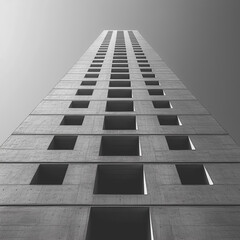 Poster - A tall building with many windows and a gray sky in the background. The building is very tall and has many windows, giving it a modern and sleek appearance