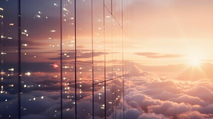 Poster - blurry photo or painting of a scene with a cloudy sky and a structure in the foreground. The structure has multiple vertical lines suggesting windows or columns. There are also some dark areas that co