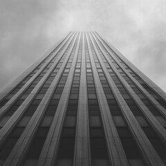 Poster - A tall building with many windows and a cloudy sky in the background