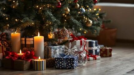 Aufkleber -  cozy indoor scene with a decorated Christmas tree adorned with lights, ornaments, and a small white dog sitting beneath it. The tree is placed on a wooden floor with a red and gold striped bow nearby