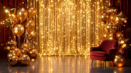 Aufkleber - festive party setup with a gold curtain, a red chair, and a variety of gold balloons. The scene is set in a room with a wooden floor.