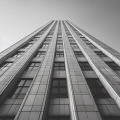 Poster - A tall building with many windows and a gray color. The building is very tall and has a lot of windows
