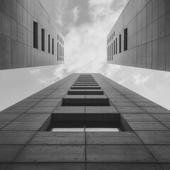 Poster - The image is a black and white photo of a tall building with many windows. The building is very tall and has a very modern look to it. The windows are all of different sizes