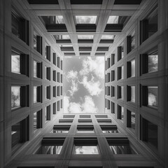 Poster - A black and white photo of a building with a large window in the middle. The window is surrounded by many smaller windows, giving the impression of a tunnel. The sky is cloudy