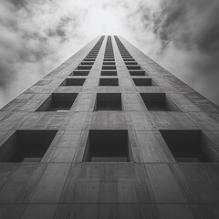 Poster - A tall building with many windows and a gray sky in the background