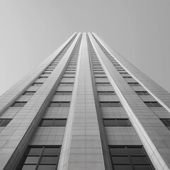 Poster - A tall building with many windows and a gray sky in the background. The building is very tall and has a lot of windows