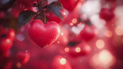 Poster - A red heart is hanging from a tree branch