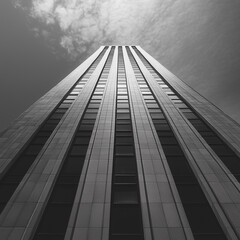 Poster - A tall building with many windows and a gray sky in the background. The building is very tall and has a lot of windows