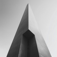 Poster - A tall building with a triangular shape. The building is made of concrete and has a grey color. The sky is clear and the sun is not visible