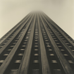 Poster - A tall building with a foggy sky in the background. The building is very tall and has many windows