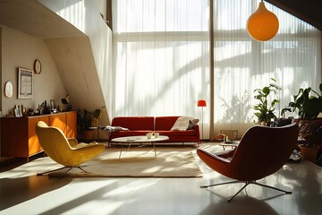 Wall Mural - Sunlit mid-century modern living room with orange and yellow armchairs, red sofa, and large windows.