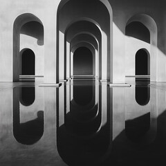 Poster - The image is a black and white photo of a long hallway with arched doorways