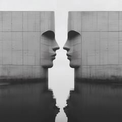 Poster - Two faces are reflected in the water in front of a wall. The image has a moody and mysterious feel to it, as the faces seem to be staring at the viewer. The water adds a sense of depth