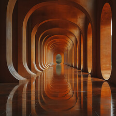 Poster - A long, narrow hallway with arched windows and a reflection of the sky on the floor. The hallway is empty and the sky is reflected in the floor