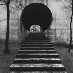 Poster - A staircase leading to a large hole in a wall. The staircase is made of concrete and is very dark. The hole is also dark and has a circular shape. The scene is very mysterious and intriguing