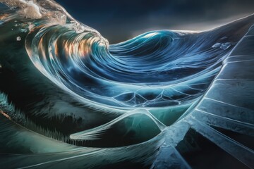 Poster - Frozen ocean wave, mesmerizing teal and blue hues, intricate ice patterns, stunning natural art.