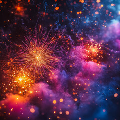Poster - A colorful fireworks display in the sky with a purple and blue background