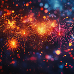 Poster - A colorful fireworks display with five different colored fireworks