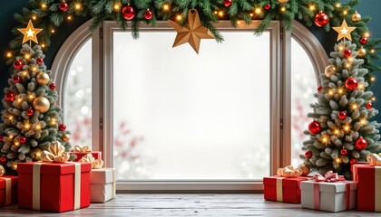 Poster - Christmas window scene with decorative Christmas trees gift boxes, garland. Window view shows out of focus snowy winter landscape. Gifts wrapped in red, white with golden bows. Small Christmas trees