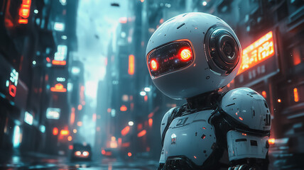 Poster - A robot is standing in a city street with neon lights in the background