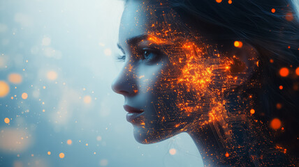 Wall Mural - A woman's face is made of computer-generated fire