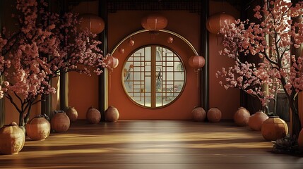 Sticker - Red room with circular window, cherry blossom trees, and lanterns.