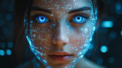 Poster - A woman's face is shown in a blue and white digital image