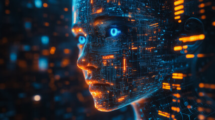 Poster - A woman's face is shown in a computer generated image with a blue eye and orange