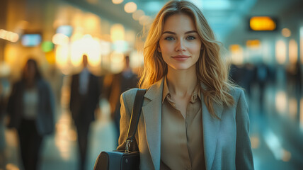 Poster - A woman wearing a suit and carrying a purse is smiling at the camera