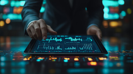 Poster - A man is pointing at a tablet displaying a graph