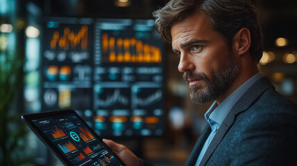 Poster - A man is holding a tablet in front of a monitor displaying graphs